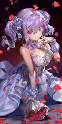 Rule 34 | 1girl, bouquet, breasts, cleavage, dress, drill hair, flower, grey hair, highres, holding, holding bouquet, idolmaster, idolmaster cinderella girls, kanzaki ranko, large breasts, looking at viewer, navel, ogimotozukin, red eyes, red flower, red rose, rose, short hair, solo, thighhighs, twin drills, white dress, white thighhighs