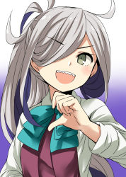 Rule 34 | 1girl, ahoge, artist name, asashimo (kancolle), bow, bowtie, dated, gradient background, grey eyes, hair over one eye, highres, kamelie, kantai collection, long hair, looking at viewer, open mouth, ponytail, purple background, school uniform, sharp teeth, shirt, signature, silver hair, solo, teeth, upper body, white shirt