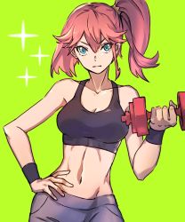 Rule 34 | 1girl, aina ardebit, armband, black sports bra, blue eyes, breasts, cleavage, green background, hair between eyes, hand on own hip, midriff, navel, num (zombie headline), pink hair, promare, shorts, side ponytail, solo, sparkle, sports bra, toned, weights