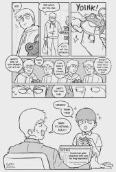Rule 34 | 3boys, charm (object), child, closed eyes, comic, commentary, english commentary, english text, eye contact, fingernails, frog charm, gatoiberico, greyscale, highres, hood, hoodie, kageyama shigeo, long sleeves, looking at another, male focus, mob psycho 100, monochrome, multiple boys, news, open mouth, reigen arataka, short hair, short sleeves, smile, sparkle, speech bubble, standing, sweat, thought bubble