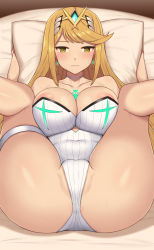 Rule 34 | 1girl, anus, anus peek, areola slip, armor, ass, blush, breasts, cameltoe, closed mouth, dress, eyes visible through hair, faulds, feet out of frame, female focus, gloves, kneepits, large breasts, legs up, looking at viewer, mythra (radiant beach) (xenoblade), mythra (xenoblade), nt00, panties, short dress, skindentation, sleeveless, solo, spread legs, swept bangs, thigh strap, thighs, tiara, underwear, white panties, xenoblade chronicles (series), xenoblade chronicles 2, yellow eyes