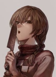 Rule 34 | 1girl, absurdres, braid, brown eyes, brown hair, grey background, highres, holding, holding knife, knife, kokemozuku, long hair, looking at viewer, madotsuki, open mouth, simple background, solo, sweater, symbol-only commentary, teeth, twin braids, unusually open eyes, upper body, upper teeth only, yume nikki