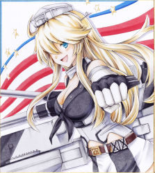 Rule 34 | &gt;:d, 10s, 1girl, :d, bad id, bad pixiv id, blonde hair, blue eyes, breasts, cleavage, clenched hand, commentary request, detached sleeves, headgear, iowa (kancolle), iroha (nullpo), kantai collection, large breasts, long hair, looking at viewer, machinery, marker (medium), miniskirt, open mouth, shikishi, skirt, smile, solo, traditional media, turret, v-shaped eyebrows