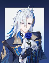 Rule 34 | 1boy, ascot, blue flower, blue rose, character name, closed mouth, coat, flower, genshin impact, gloves, hair between eyes, highres, holding, holding flower, jacket, long hair, long sleeves, looking at viewer, male focus, multicolored hair, neuvillette (genshin impact), rj (lingshih10), rose, simple background, streaked hair, upper body, white ascot, white hair
