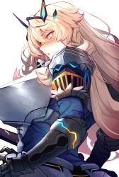 Rule 34 | 1girl, armor, blonde hair, blouse, blue eyes, blue shirt, blush, breastplate, breasts, barghest (fate), barghest (first ascension) (fate), fate/grand order, fate (series), faulds, hair between eyes, highres, horns, large breasts, long hair, looking down, ninoude (ninoude44), open mouth, pauldrons, shirt, shoulder armor, solo, sword, weapon