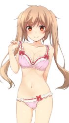 Rule 34 | 1girl, ahoge, blush, bra, breasts, brown hair, cleavage, collarbone, gluteal fold, highres, kantai collection, long hair, looking at viewer, medium breasts, murasame (kancolle), nagami yuu, navel, panties, pink bra, pink panties, red eyes, simple background, sketch, skindentation, smile, solo, strap lift, strap pull, twintails, underwear, white background