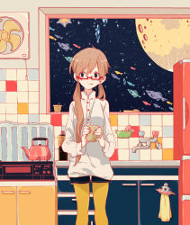 Rule 34 | 1girl, air conditioner, bad id, bad pixiv id, blouse, bottle, brown eyes, brown hair, bubble, buttons, crater, cup, cupboard, electric fan, faucet, fish, flying fish, full moon, glasses, high collar, indoors, kettle, kitchen, kurokeisin, long hair, long sleeves, looking away, moon, mug, original, pantyhose, red-framed eyewear, refrigerator, semi-rimless eyewear, shirt, shorts, sink, sky, solo, space, standing, star (sky), starry sky, stove, surreal, tea kettle, tile wall, tiles, tongue, tongue out, twintails, ufo, under-rim eyewear, white shirt, yellow pantyhose