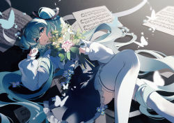 Rule 34 | 1girl, absurdres, aqua eyes, aqua hair, black skirt, blue flower, bouquet, bug, butterfly, commentary, english commentary, feet out of frame, flower, flower request, frilled skirt, frills, hair ornament, hatsune miku, high-waist skirt, highres, holding, holding bouquet, insect, kanvien, knee up, long hair, long sleeves, lying, on back, open mouth, pink flower, puffy sleeves, sheet music, shirt, skirt, solo, thighhighs, twintails, very long hair, vocaloid, white shirt, white thighhighs