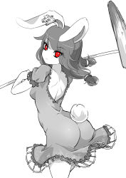 Rule 34 | 1girl, animal ears, ass, back, breasts, rabbit ears, rabbit tail, dress, earclip, greyscale, highres, kine, looking at viewer, looking back, low twintails, mallet, medium breasts, monochrome, raptor7, red eyes, seiran (touhou), short dress, short sleeves, simple background, solo, spot color, tail, touhou, twintails, white background