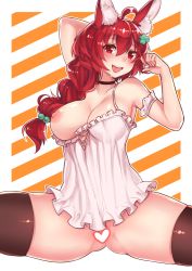 Rule 34 | 1girl, :d, ahoge, animal ear fluff, animal ears, armpits, bare shoulders, black thighhighs, blush, borrowed character, braid, breast slip, breasts, camisole, censored, choker, clover hair ornament, collarbone, hair ornament, heart, heart-shaped pupils, heart censor, large breasts, long hair, looking at viewer, nipples, no panties, nora (greenteaneko), one breast out, open mouth, original, osiimi, rabbit ears, red eyes, red hair, saliva, single braid, smile, solo, spread legs, strap slip, striped, striped background, symbol-shaped pupils, thighhighs, tongue, tongue out