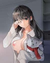 Rule 34 | 1girl, absurdres, black hair, breast slip, breasts, cleavage, collarbone, commission, copyright request, doll, dress shirt, earrings, green eyes, highres, jewelry, large breasts, long hair, nipples, one eye closed, shirt, sleepy, sleeves past wrists, solo, sora zz6, upper body