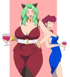 Rule 34 | 10s, 2girls, alcohol, animal ears, belt, blue dress, bracelet, breasts, cat ears, curvy, dress, glass, glasses, green eyes, green hair, huge breasts, jewelry, large breasts, long hair, looking at viewer, mole, multiple girls, necklace, pantyhose, pine-pine, red dress, red hair, scarlet (space dandy), size difference, smile, space dandy, supi (inner map), tall, thighs, wide hips, wine