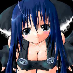 Rule 34 | 1girl, ahoge, animal ear fluff, animal ears, black background, black overalls, blue hair, blush, breasts, cat ears, cat tail, character request, cleavage, hair between eyes, large breasts, leaning forward, long hair, looking at viewer, lowres, oekaki, overalls, simple background, smile, solo, tail, yonezuka ryou