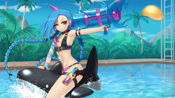 Rule 34 | 1girl, ;d, arm tattoo, armpits, bare shoulders, belt, bikini, blue hair, blue sky, braid, breasts, bullet, day, jewelry, jinx (league of legends), kuroonehalf, ladder, league of legends, lipstick, long hair, makeup, mountain, navel, necklace, one eye closed, open mouth, outdoors, outstretched arm, panties, pink eyes, pinstripe pattern, pool, riding, rocket launcher, sideboob, sky, small breasts, smile, solo, splashing, stomach, string panties, striped, swimsuit, tattoo, tree, twin braids, twintails, underwear, water, water balloon, water gun, weapon, wet, wink
