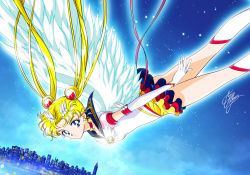 Rule 34 | 1990s (style), 1girl, angel wings, anime coloring, artist name, bishoujo senshi sailor moon, bishoujo senshi sailor moon sailor stars, blonde hair, blue eyes, blue sailor collar, boots, brooch, choker, cityscape, crescent, crescent facial mark, crescent moon, derivative work, double bun, earrings, elbow gloves, eternal sailor moon, facial mark, falling, forehead mark, gloves, hair bun, hair ornament, hairclip, heart, heart brooch, jewelry, knee boots, layered skirt, long hair, looking at viewer, magical girl, marco albiero, moon, multicolored clothes, multicolored skirt, official style, parted bangs, retro artstyle, ribbon, sailor collar, sailor moon, signature, skirt, sky, solo, star (sky), tsukino usagi, twintails, white footwear, white gloves, wing brooch, wings