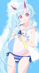 Rule 34 | 1girl, ball, bare arms, beachball, bikini, bikini under clothes, blue archive, blue hair, blue sky, breasts, chise (blue archive), chise (swimsuit) (blue archive), cloud, cloudy sky, commentary request, day, flower, hair flower, hair ornament, head tilt, highres, horns, long hair, looking at viewer, medium breasts, navel, no halo, oni, oni horns, outdoors, purple eyes, sailor collar, sanzai man, see-through, side-tie bikini bottom, side ponytail, sky, solo, striped bikini, striped clothes, swimsuit, transparent, very long hair, white flower, white sailor collar