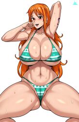 Rule 34 | 1girl, absurdres, areola slip, arms up, artist name, ass, bikini, breasts, bursting breasts, cameltoe, cleft of venus, curvy, gluteal fold, groin, highres, huge breasts, jmg, long hair, nami (one piece), navel, one piece, orange hair, shiny skin, shoulder tattoo, sitting, solo, spread legs, sweat, swimsuit, tattoo, thong, thong bikini, transparent background, wide hips