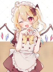 Rule 34 | 1girl, ahoge, alternate costume, apron, blonde hair, blush, bow, bowtie, crystal, dress, enmaided, fang, flandre scarlet, hair between eyes, long hair, maid, maid day, maid headdress, nig 18, one eye closed, open mouth, red dress, red eyes, short sleeves, side ponytail, smile, solo, touhou, white apron, wings, yellow bow, yellow bowtie