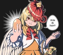 Rule 34 | 1girl, animal, animal on head, basket, bird, black background, blonde hair, chick, clenched hand, commentary, dress, egg, feathered wings, food, head tilt, holding, holding egg, holding food, looking at viewer, mefomefo, multicolored hair, neck ribbon, niwatari kutaka, on head, orange dress, orange eyes, outline, red hair, ribbon, short hair, short sleeves, simple background, smile, solo, spanish commentary, spanish text, speech bubble, touhou, translated, upper body, white outline, wings