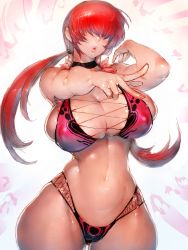 Rule 34 | 1girl, bikini, breasts, cleavage, covered eyes, cowboy shot, foreshortening, fumio (rsqkr), highres, large breasts, lips, long hair, red bikini, red hair, shermie (kof), solo, standing, swimsuit, the king of fighters, thighs, thong bikini, twintails, very long hair, white background