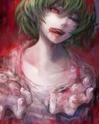 Rule 34 | 10s, 1girl, black sclera, collarbone, colored sclera, eto (tokyo ghoul), green hair, highres, licking lips, red eyes, short hair, tokyo ghoul, tokyo ghoul:re, tongue, tongue out, yamamoto no ari