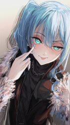 Rule 34 | 1girl, absurdres, bibideba (hololive), blue eyes, blue hair, blue nails, blush, chain necklace, eyelid pull, gradient background, highres, hololive, hoshimachi suisei, jewelry, leukocytek, looking at viewer, necklace, side ponytail, solo, star-shaped pupils, star (symbol), symbol-shaped pupils, tongue, tongue out, virtual youtuber, white background