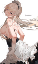 Rule 34 | 1girl, apron, arms at sides, azur lane, bad id, bad pixiv id, bare shoulders, belfast (azur lane), blue eyes, blush, braid, breasts, chain, collar, collarbone, cuts, damaged, dirty, dress, floating hair, french braid, frills, gloves, hair over breasts, head tilt, highres, holding, holding clothes, holding skirt, injury, large breasts, long hair, looking at viewer, maid, maid headdress, no bra, open mouth, sideboob, sidelocks, simple background, skirt, smile, solo, swept bangs, topless, torn clothes, twitter username, white background, white gloves, white hair, wind, xretakex
