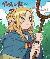 Rule 34 | 1girl, blonde hair, blue capelet, blue sky, braid, capelet, choker, cloud, dungeon meshi, elf, forest, green eyes, highres, holding, holding staff, light blush, long sleeves, marcille donato, nature, piko han, pointy ears, ponytail, red choker, red ribbon, ribbon, side braids, simple background, sky, staff, twin braids, upper body