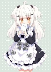Rule 34 | 1girl, ahoge, apron, black dress, blush, brown eyes, collared dress, commentary request, covered mouth, cowboy shot, dress, frilled apron, frilled dress, frills, grey background, hair between eyes, hair bobbles, hair ornament, hairclip, heart, highres, holding, long hair, long sleeves, looking at viewer, maid apron, menu, nakkar, original, polka dot, polka dot background, puffy long sleeves, puffy sleeves, signature, simple background, sleeves past wrists, solo, standing, two side up, very long hair, waitress, white apron, white hair, x hair ornament