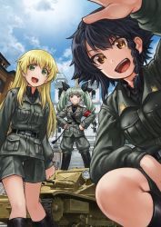 Rule 34 | 10s, 3girls, :d, alternate bottom wear, anchovy (girls und panzer), anzio military uniform, belt, black belt, black footwear, black hair, black ribbon, black shirt, blonde hair, blouse, boots, braid, brown eyes, building, carpaccio (girls und panzer), carro veloce cv-33, cloud, cloudy sky, day, dress shirt, drill hair, girls und panzer, green eyes, green hair, grey jacket, grey pants, grey shorts, grin, hair ribbon, hands on own hips, highres, holding, jacket, knee boots, lain, location request, long hair, long sleeves, looking at viewer, military, military uniform, military vehicle, motor vehicle, multiple girls, open mouth, outdoors, pants, pants tucked in, pepperoni (girls und panzer), red eyes, ribbon, riding crop, sam browne belt, selfie, shirt, short hair, short shorts, shorts, side braid, sky, smile, squatting, standing, tank, twin drills, twintails, uniform
