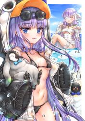 Rule 34 | 2girls, animal hood, bandage over one eye, bandaged arm, bandaged head, bandaged leg, bandages, bare shoulders, bikini, bird, black bikini, black jacket, blue bow, blue eyes, blue sky, blush, bow, breasts, choker, closed eyes, collarbone, fate/extra, fate/extra ccc, fate/grand order, fate (series), giant, giantess, highres, hood, hood up, jacket, kingprotea (fate), long hair, long sleeves, looking at viewer, meltryllis, meltryllis (fate), meltryllis (swimsuit lancer) (fate), meltryllis (swimsuit lancer) (first ascension) (fate), moss, multiple girls, naked bandage, navel, nyamaso, ocean, penguin, penguin hood, purple hair, sky, sleeves past fingers, sleeves past wrists, small breasts, smile, sunglasses, swimsuit, thighs, tongue, tongue out, very long hair, water drop