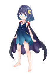 Rule 34 | 1girl, absurdres, bare arms, bare legs, barefoot, black cape, blue dress, blue eyes, blunt bangs, blunt ends, cape, child, clenched hands, collarbone, commentary request, crescent, crescent hair ornament, dress, feet, full body, hair ornament, heart, highres, hime kltsune, jewelry, looking at viewer, medium hair, necklace, original, purple cape, purple hair, simple background, smile, solo, standing, star (symbol), star necklace, star print, toes, two-sided fabric, white background