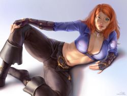 Rule 34 | 1girl, abs, belt, black gloves, black legwear, black pants, blue eyes, breasts, cleavage, commentary request, crossed bangs, fingerless gloves, forehead, gloves, hand on own knee, highres, jewelry, large breasts, looking at viewer, lying, m alexa, medium hair, navel, necklace, on side, orange hair, original, pants, parted lips, purple shirt, shaded face, shadow, shirt, signature, solo, sparkle, spread legs, twitter username, v-shaped eyebrows