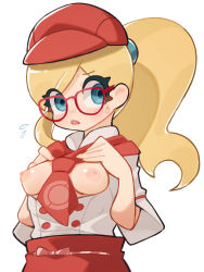 Rule 34 | 1girl, absurdres, apron, aqua eyes, blonde hair, blush, breasts, breasts out, buttons, creatures (company), flying sweatdrops, game freak, glasses, hat, highres, leah (pokemon), long hair, necktie, nintendo, nipples, open mouth, pokemon, pokemon cafe remix, ponytail, red-framed eyewear, red apron, red hat, red necktie, shirt, short necktie, short sleeves, solo, sweatdrop, sweelan, waist apron, white background, white shirt