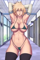 Rule 34 | 1girl, absurdres, armpits, arms behind head, bakugou mitsuki, bemannen, bikini, black thighhighs, blonde hair, boku no hero academia, breasts, collarbone, cowboy shot, elbow gloves, gloves, gluteal fold, hallway, highres, indoors, large breasts, lips, looking at viewer, micro bikini, mature female, navel, parted lips, red eyes, short hair, skindentation, solo, spiked hair, swimsuit, teeth, thick thighs, thighhighs, thighs, upper teeth only