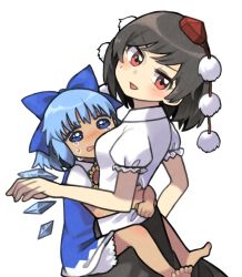 Rule 34 | 2girls, bare arms, barefoot, black hair, black skirt, bloomers, blue bow, blue dress, blue eyes, blue hair, bow, cirno, commentary request, crying, crying with eyes open, dress, hair bow, hat, hug, leg lock, looking at viewer, multiple girls, pom pom (clothes), puffy short sleeves, puffy sleeves, red eyes, sasa kichi, shaft look, shameimaru aya, short dress, short sleeves, simple background, skirt, sweatdrop, tan, tanned cirno, tears, tokin hat, touhou, underwear, white background