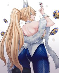 Rule 34 | 1girl, animal ears, artoria pendragon (all), artoria pendragon (fate), artoria pendragon (swimsuit ruler) (fate), ass, bare shoulders, bd, blonde hair, blue pantyhose, breasts, detached collar, fake animal ears, fate/grand order, fate (series), fishnets, green eyes, hair between eyes, large breasts, leotard, long hair, looking at viewer, pantyhose, playboy bunny, ponytail, rabbit ears, sidelocks, solo, standing, thighband pantyhose, very long hair, white leotard, wrist cuffs