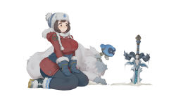 Rule 34 | 1boy, 1girl, all fours, alternate costume, boots, coat, company connection, crossover, fur, fur trim, gaoerji, gloves, gorilla, highres, hood, ice, mei (overwatch), official alternate costume, overwatch, overwatch 1, planted, planted sword, planted weapon, robot, seiza, simple background, sitting, snow boots, snowball (overwatch), sword, warcraft, weapon, white background, winston (overwatch), winter clothes, winter coat, world of warcraft