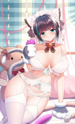 Rule 34 | 1girl, absurdres, anal tail, animal hands, aqua eyes, azur lane, bed sheet, black hair, blush, bow, bowtie, bra, breasts, breasts apart, butt plug, cat tail, cheshire (azur lane), condom, condom wrapper, corset, detached collar, fake tail, frilled ribbon, frills, garter belt, garter straps, gloves, hair bow, heart, heart-shaped pupils, highres, laoan, large breasts, looking at viewer, maid headdress, multicolored hair, panties, panties over garter belt, paw gloves, revision, ribbon, sex toy, short hair, smile, solo, streaked hair, stuffed animal, stuffed toy, symbol-shaped pupils, tail, teddy bear, thighhighs, underwear, underwear only, white bra, white panties, white thighhighs