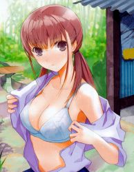 Rule 34 | 1girl, blush, bra, breasts, brown hair, cleavage, fuyuno haruaki, highres, large breasts, lingerie, looking at viewer, original, shed, solo, source request, stream, underwear, undressing
