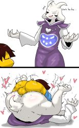 Rule 34 | 2boys, anal, animal ears, asriel dreemurr, ass, blush, breasts, brown hair, colored skin, enigi09, frisk (undertale), furry, furry male, furry with non-furry, heart, highres, horns, huge ass, interspecies, large breasts, lying, lying on person, male penetrated, mating press, multiple boys, sex, short hair, size difference, speech bubble, undertale, yaoi, yellow skin