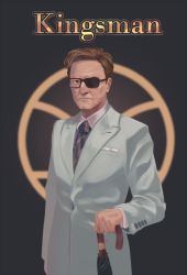 Rule 34 | 1boy, black background, blue necktie, brown hair, closed mouth, copyright name, glasses, harry hart, highres, holding, holding umbrella, kingsman: the secret service, litra (ltr0312), long sleeves, looking at viewer, male focus, necktie, old, old man, short hair, solo, standing, umbrella