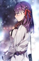 Rule 34 | 1girl, absurdres, bag, blurry, blurry background, blush, coat, fate/stay night, fate (series), from side, hair ribbon, handbag, highres, long hair, long sleeves, matou sakura, open mouth, outdoors, plaid, plaid scarf, profile, purple eyes, purple hair, red ribbon, red scarf, ribbon, scarf, shigure (shigure 43), snowing, solo, white coat, winter, winter clothes, winter coat