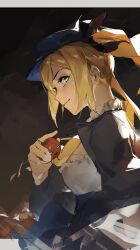 Rule 34 | 1girl, black background, black sleeves, blonde hair, blue headwear, commentary, dokibird (vtuber), english commentary, food, green eyes, highres, holding, holding food, indie virtual youtuber, kuno (runkunochan), letterboxed, long hair, long sleeves, looking at viewer, shirt, simple background, sketch, smile, tomato, twintails, unfinished, upper body, white shirt
