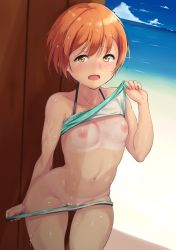 Rule 34 | 10s, 1girl, alp, bad id, bad twitter id, beach, bikini, bikini pull, bikini top lift, blue sky, blush, breasts, clothes lift, clothes pull, cloud, commentary request, day, green bikini, hoshizora rin, lifting own clothes, looking at viewer, love live!, love live! school idol project, navel, nipples, ocean, open mouth, orange hair, outdoors, pulling own clothes, sand, see-through, short hair, simple background, sky, small breasts, solo, standing, stomach, swimsuit, tan, tanline, water, wet, yellow eyes