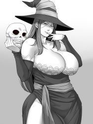 Rule 34 | 1girl, bare shoulders, breasts, cleavage, dragon&#039;s crown, dress, ganto, gradient background, greyscale, huge breasts, monochrome, no panties, plump, solo, sorceress (dragon&#039;s crown), strapless, strapless dress, witch