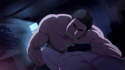 Rule 34 | 2boys, bar censor, bara, black gloves, black hair, black pants, censored, chris redfield, completely nude, erection, ethan winters, facial hair, fellatio, gloves, highres, indoors, large pectorals, male focus, mazjojo, multiple boys, muscular, muscular male, nude, oral, paid reward available, pants, pectorals, penis, resident evil, resident evil village, short hair, solo focus, testicles, topless male, yaoi