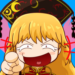 Rule 34 | 1girl, blonde hair, chinese clothes, junko (touhou), laughing, long hair, meme, okema, pointing, red eyes, solo, tabard, tears, touhou, wavy hair