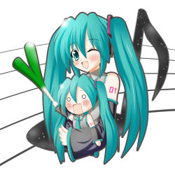 Rule 34 | 1girl, blush, breasts, detached sleeves, green eyes, green hair, hatsune miku, long hair, matching hair/eyes, musical note, necktie, one eye closed, open mouth, osashin (osada), smile, solo, spring onion, staff (music), twintails, vocaloid, wink