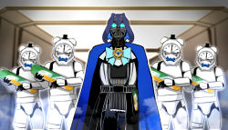 Rule 34 | 1girl, absurdres, armor, blue cape, blue hair, cape, chain, clock, commentary request, cosplay, darth vader, darth vader (cosplay), hair intakes, hat, head chain, highres, hololive, hololive english, jewelry, korean commentary, kronie (ouro kronii), looking at viewer, mask, minchi (anda), mini hat, mini top hat, ouro kronii, short hair, spacecraft interior, star wars, star wars: a new hope, steam, stormtrooper, subway, top hat, virtual youtuber
